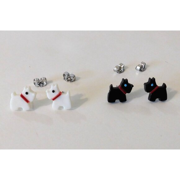 Vintage Avon Playful Plaid Scottie Dog Earrings Set 2 Pairs White Black Dogs - Picture 4 of 6